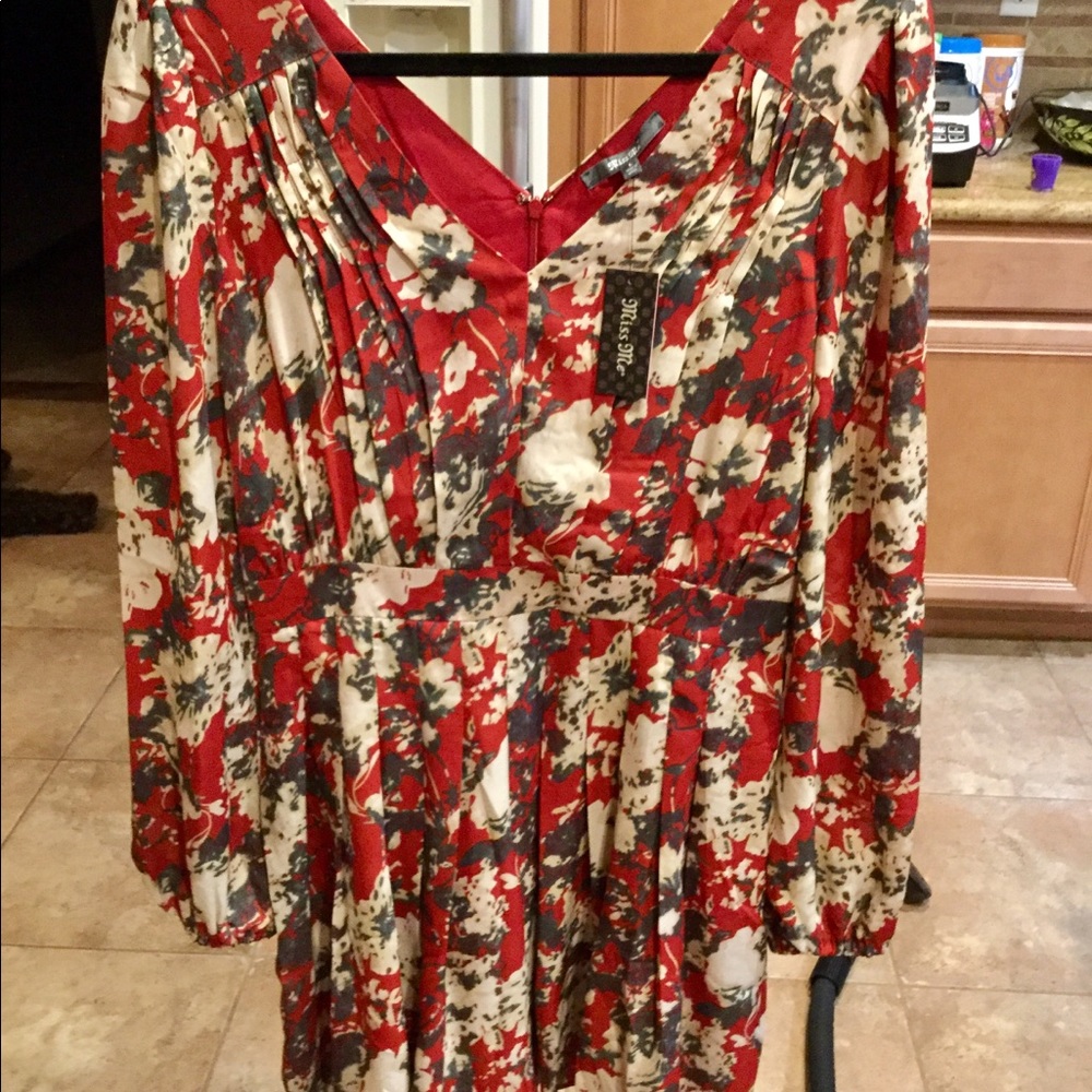 MISS ME burnt red, olive green & crm floral dress